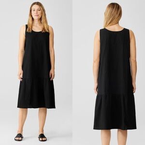NWT Eileen Fisher XL Organic Cotton Pucker Tiered Dress Black Midi S2JRD-D5108